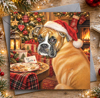 Boxer dog Christmas card featuring a brown and white Boxer wearing a Santa hat beside Santa's cookies