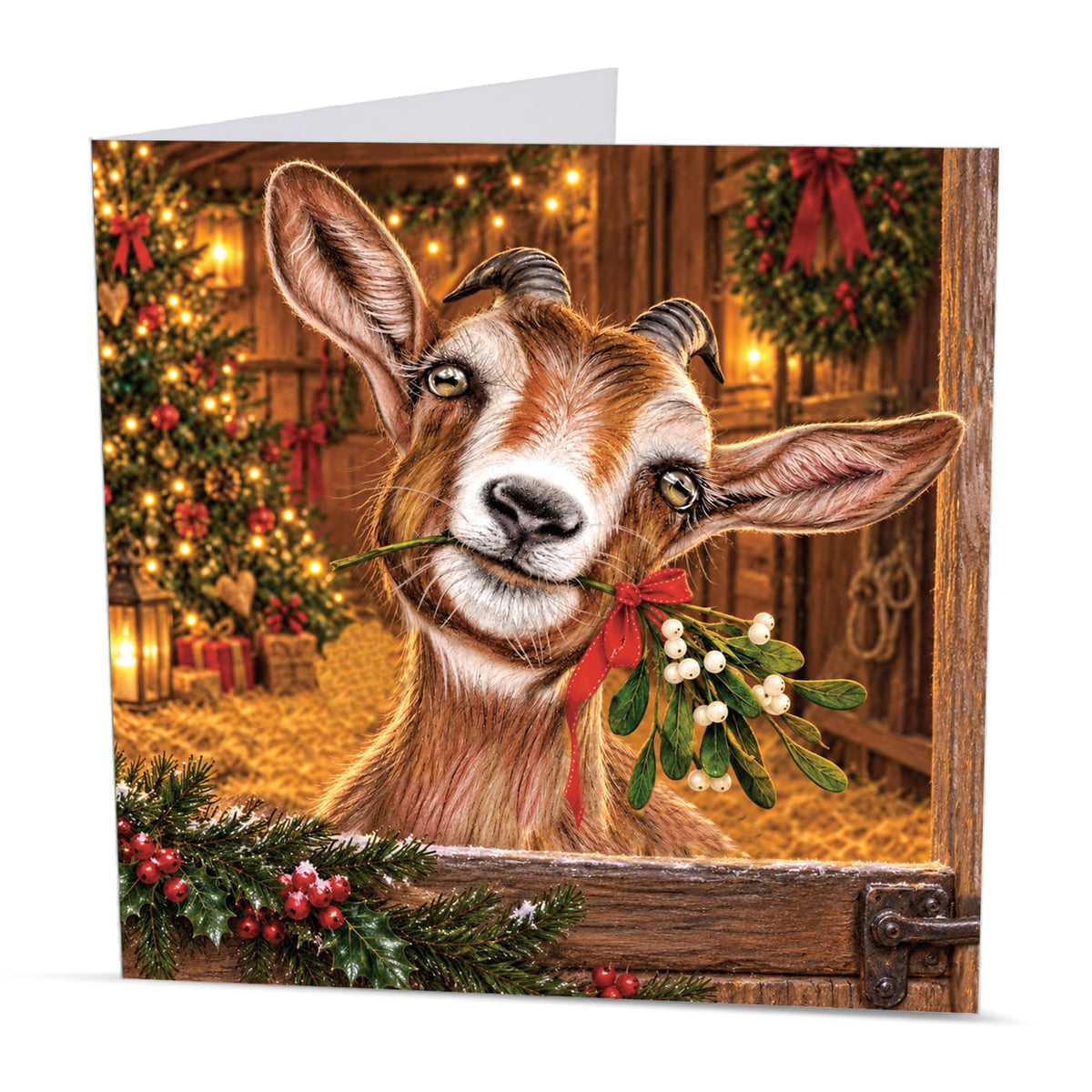 Square farm animal Christmas card featuring a goat with mistletoe, Christmas decorations and a cosy wooden stable