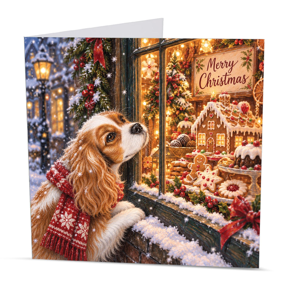 Square Cavalier King Charles Spaniel Christmas card featuring a festive dog in a snowy street beside a decorated Christmas shop window