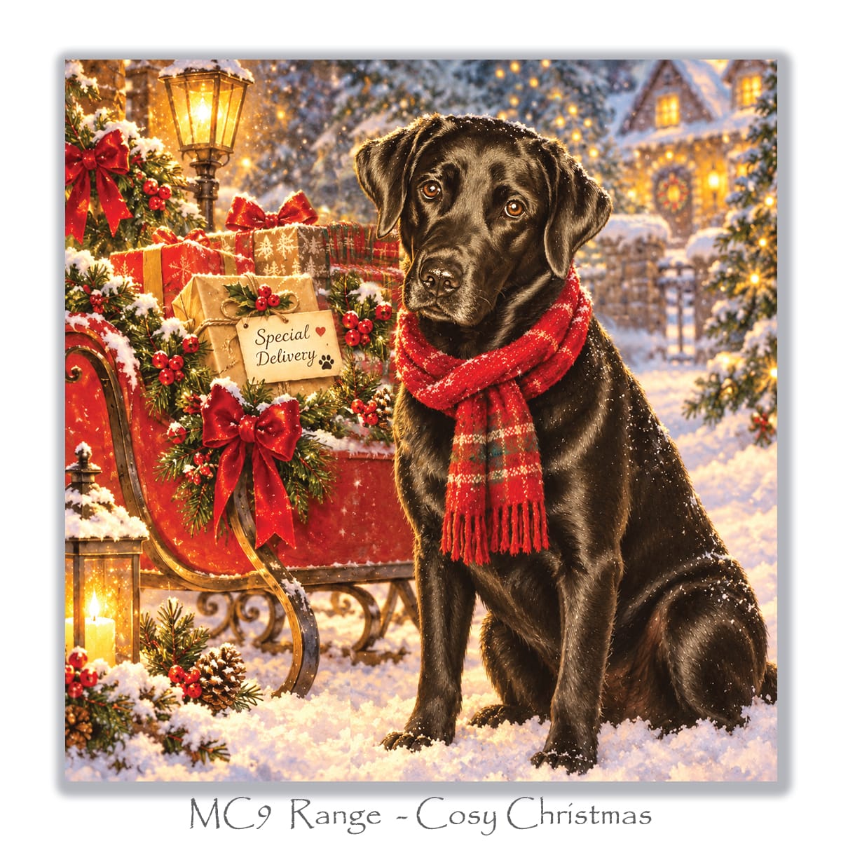 Christmas card for Labrador lovers showing a black Labrador in a snowy village with festive decorations