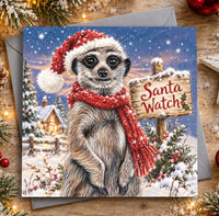 Meerkat Christmas card featuring a cute meerkat wearing a red Santa hat and scarf in the snow