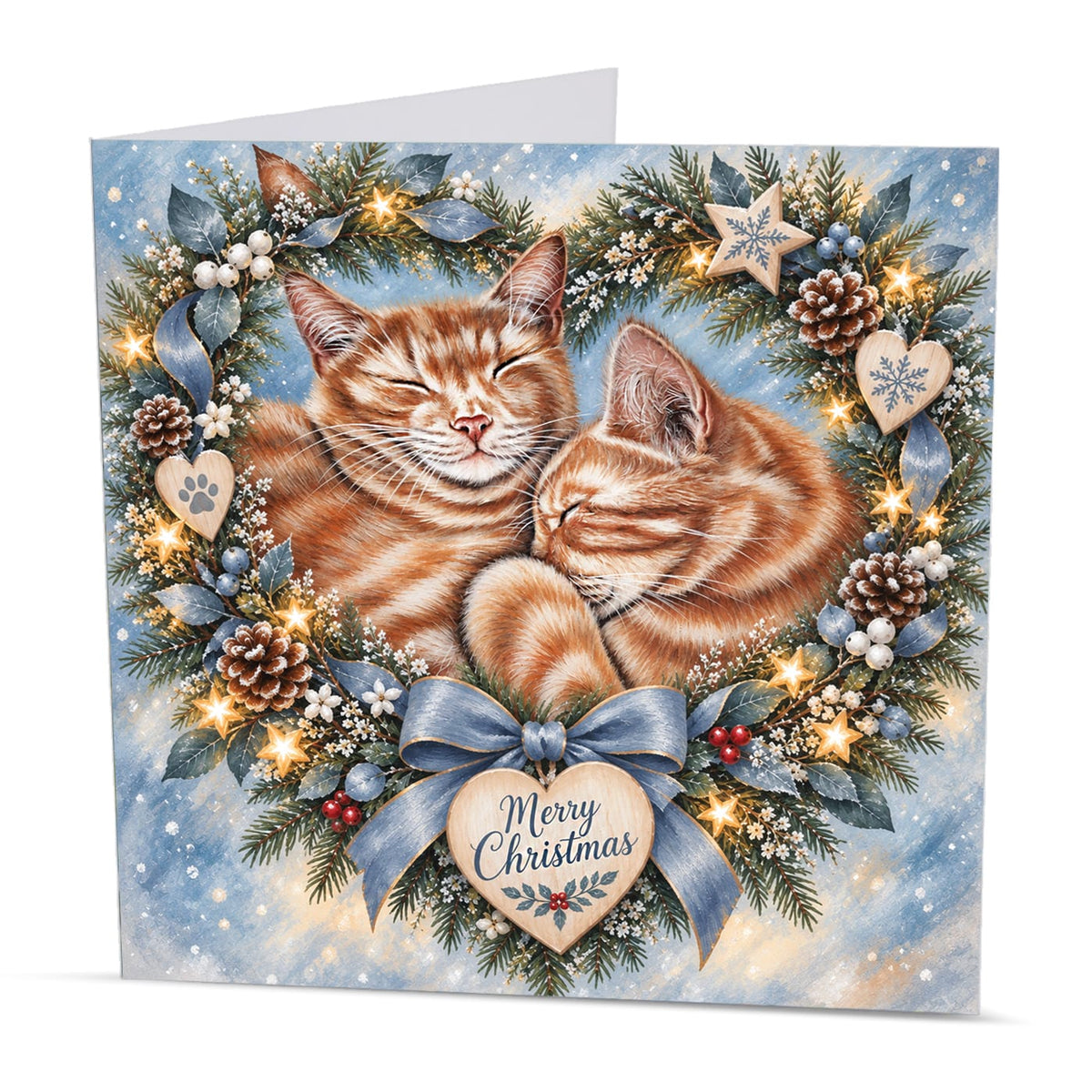Square ginger cat Christmas card featuring two adorable kittens, a decorated wreath and Merry Christmas heart ornament