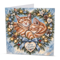 Square ginger cat Christmas card featuring two adorable kittens, a decorated wreath and Merry Christmas heart ornament