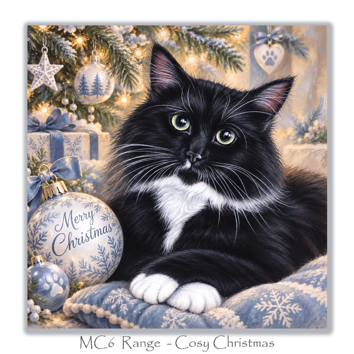 Christmas card for cat lovers with a black and white kitten, blue Christmas baubles and wrapped presents