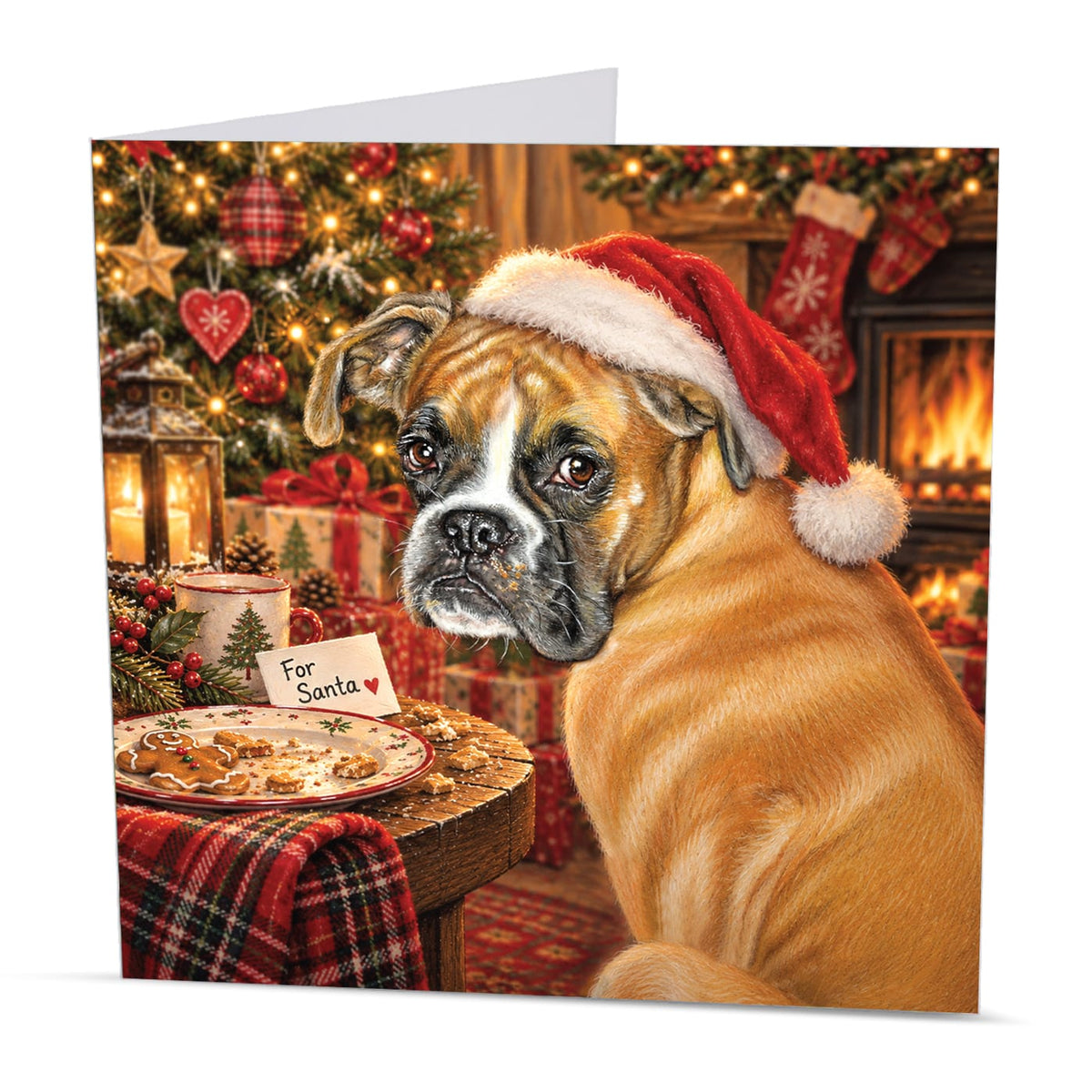 Square Boxer Christmas card featuring a festive dog, Christmas tree, fireplace and a plate of cookies with a For Santa note
