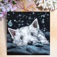 Painting of a cute white dog with a black background, surrounded by flowers.