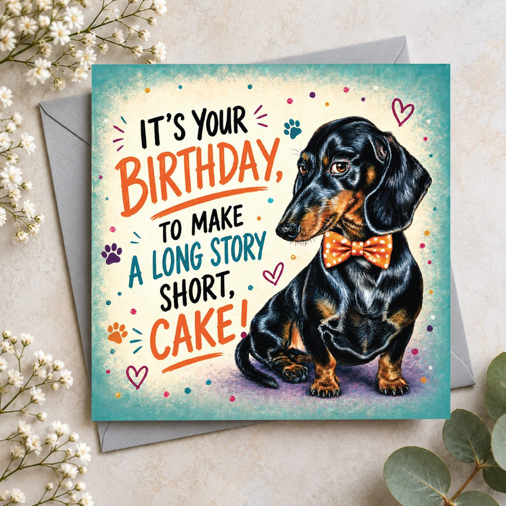 Funny Dachshund birthday card featuring a black and tan sausage dog wearing an orange bow tie with Long Story Short Cake birthday message.