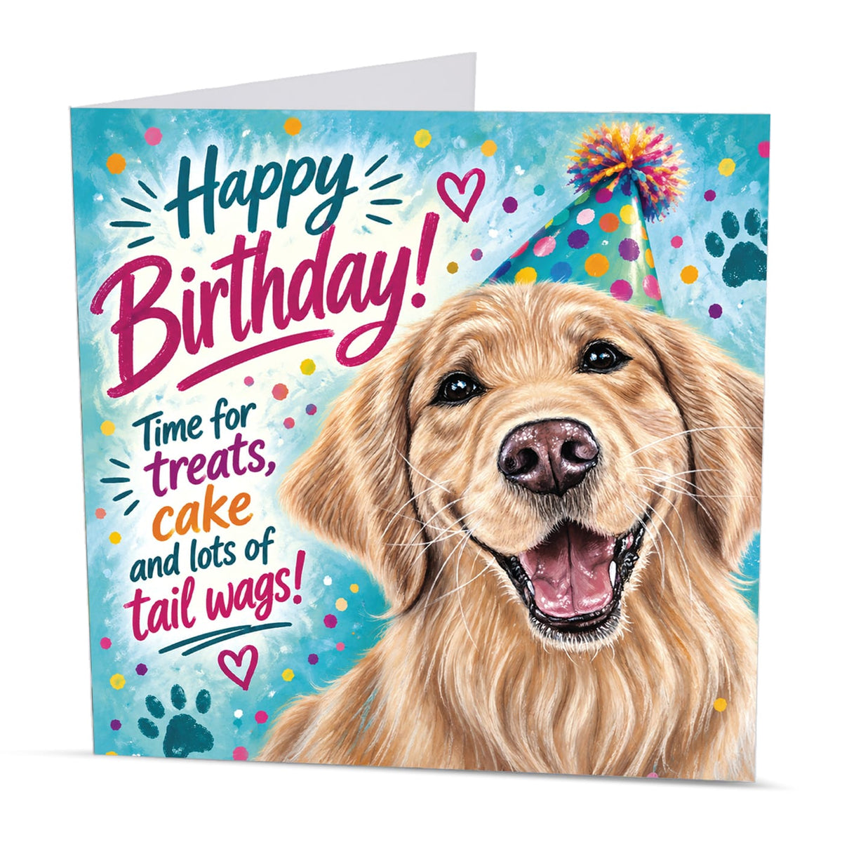 Square 15 x 15 cm Golden Retriever birthday card featuring original dog artwork by Irisha, printed on premium 350 gsm textured cardstock.