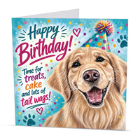 Square 15 x 15 cm Golden Retriever birthday card featuring original dog artwork by Irisha, printed on premium 350 gsm textured cardstock.