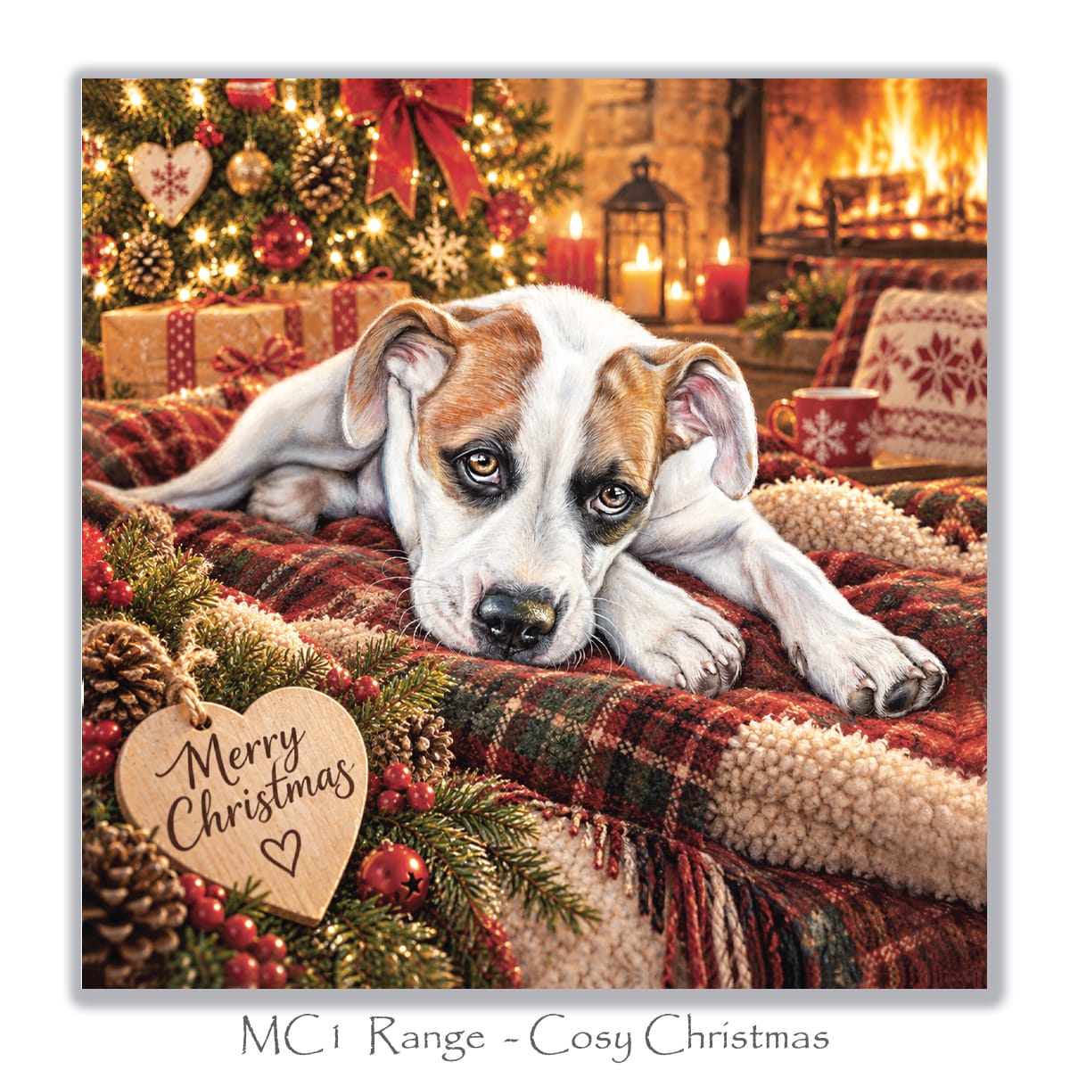 Heartwarming dog Christmas greeting card with a sweet puppy, glowing fireplace, decorated Christmas tree, festive presents and cosy tartan blankets.