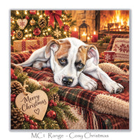 Heartwarming dog Christmas greeting card with a sweet puppy, glowing fireplace, decorated Christmas tree, festive presents and cosy tartan blankets.