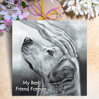 lack and white dog loss greeting card showing a loyal dog with soulful eyes being gently touched by a human hand, with the words My Best Friend Forever.