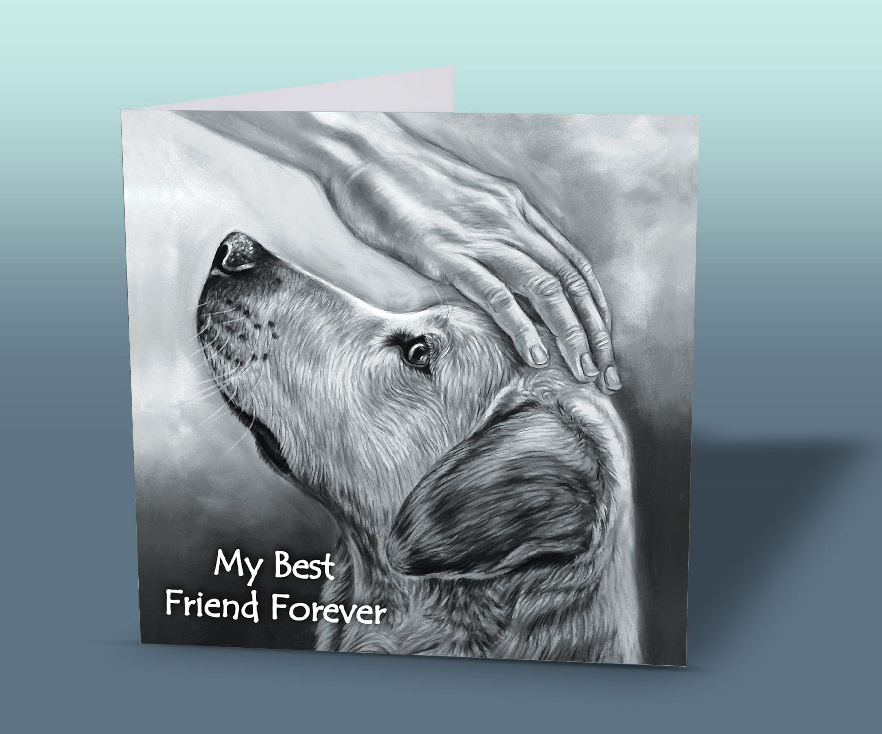 Emotional dog greeting card created from original artwork by Irisha, showing the deep connection and friendship between a person and their faithful dog.