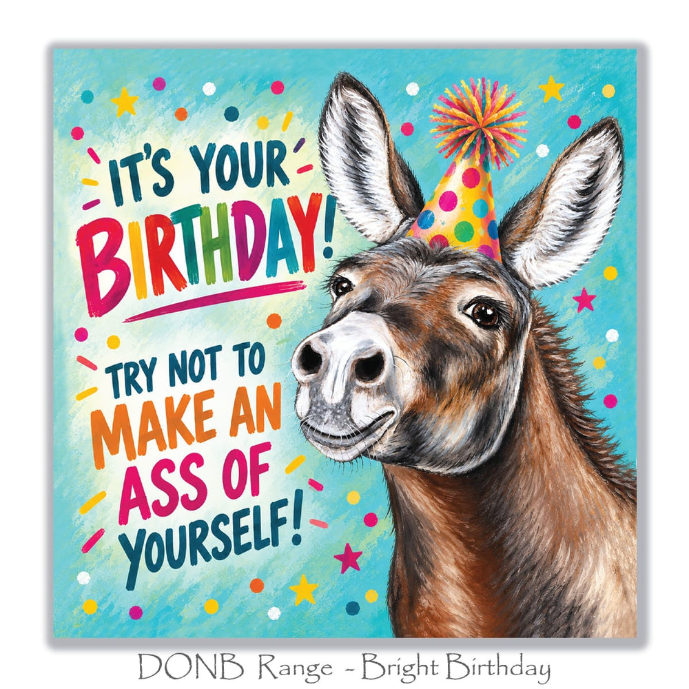 Humorous donkey birthday greeting card with a cute donkey, bright turquoise background, colourful confetti, stars and funny birthday lettering.