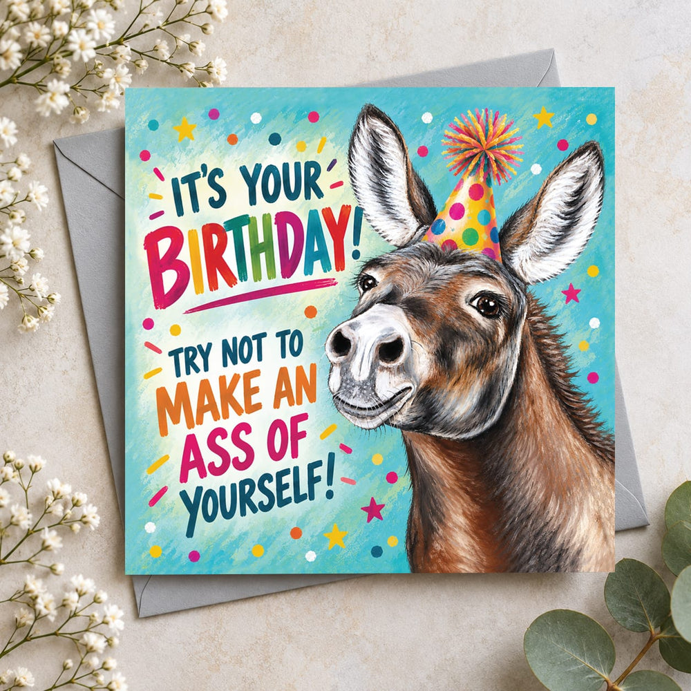 Funny donkey birthday card featuring a cheeky brown donkey wearing a colourful party hat with Try Not to Make an Ass of Yourself birthday message.
