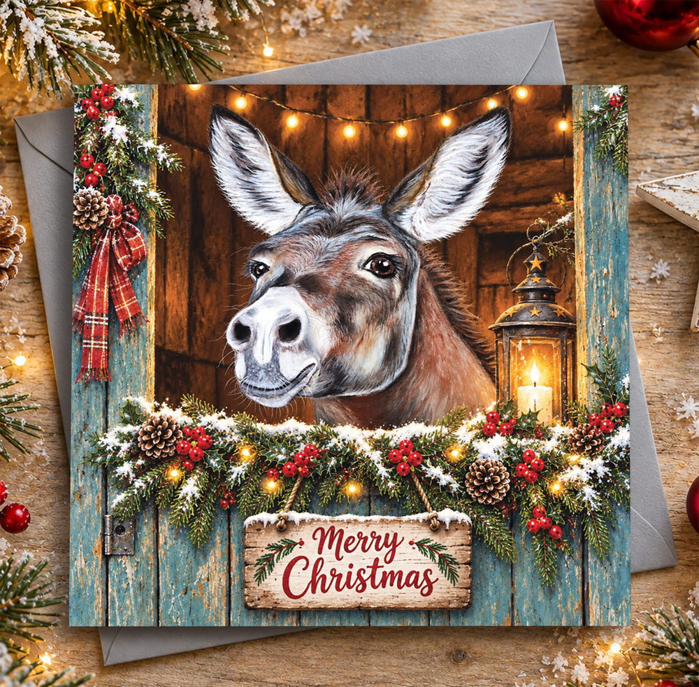 Donkey Christmas card featuring a brown donkey peeking over a decorated stable door with Christmas greenery