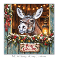 Christmas card for donkey lovers showing a sweet donkey surrounded by festive lights, holly and a glowing lantern