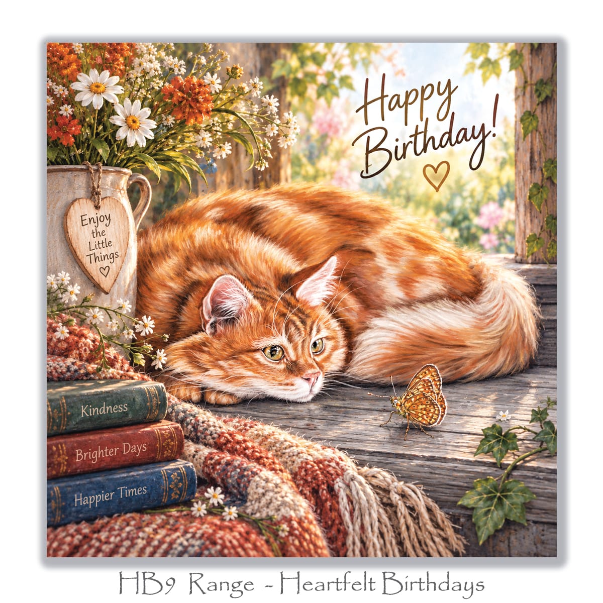 Beautiful birthday greeting card with a resting orange cat, rustic wooden background, wildflowers, vintage books and soft countryside details.