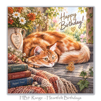 Beautiful birthday greeting card with a resting orange cat, rustic wooden background, wildflowers, vintage books and soft countryside details.