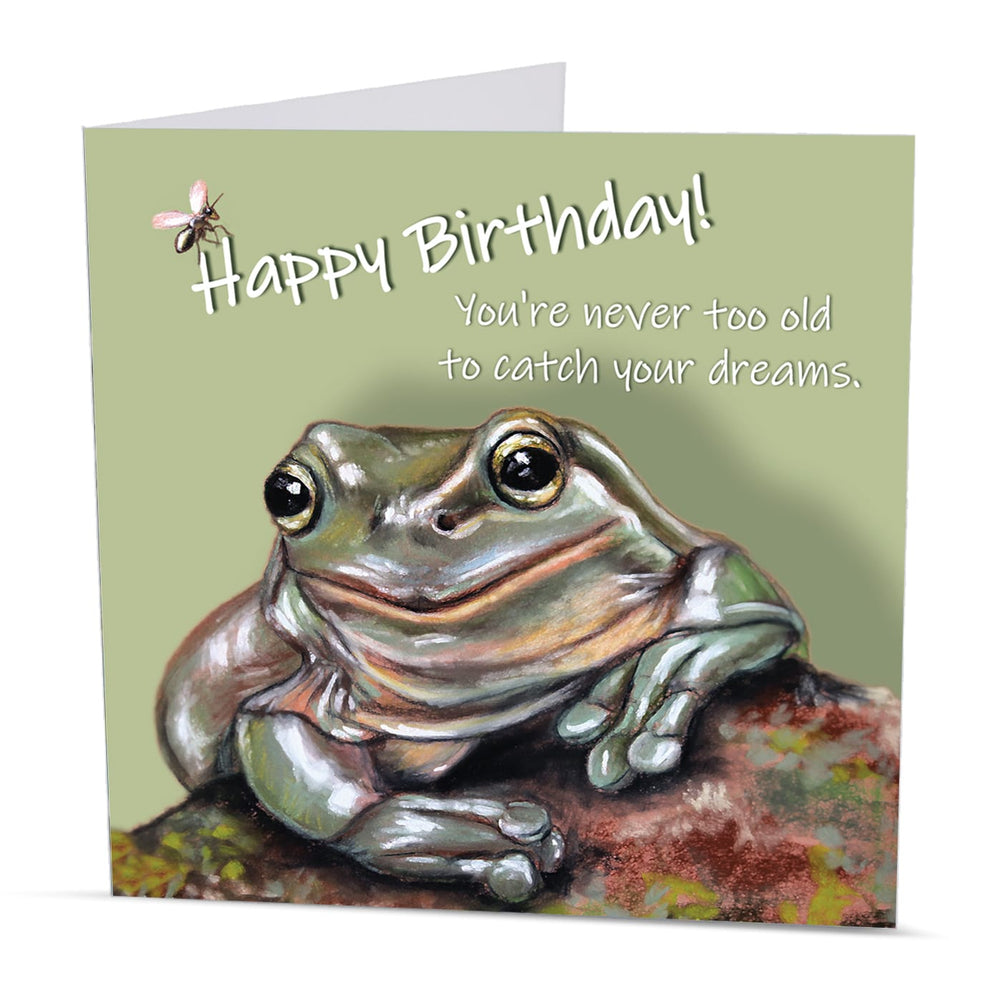 Quirky frog birthday card with original animal artwork by Irisha on a soft green background.