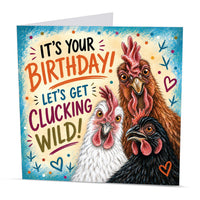 Square 15 x 15 cm funny chicken birthday card featuring original farm animal artwork by Irisha, printed on premium 350 gsm textured cardstock.