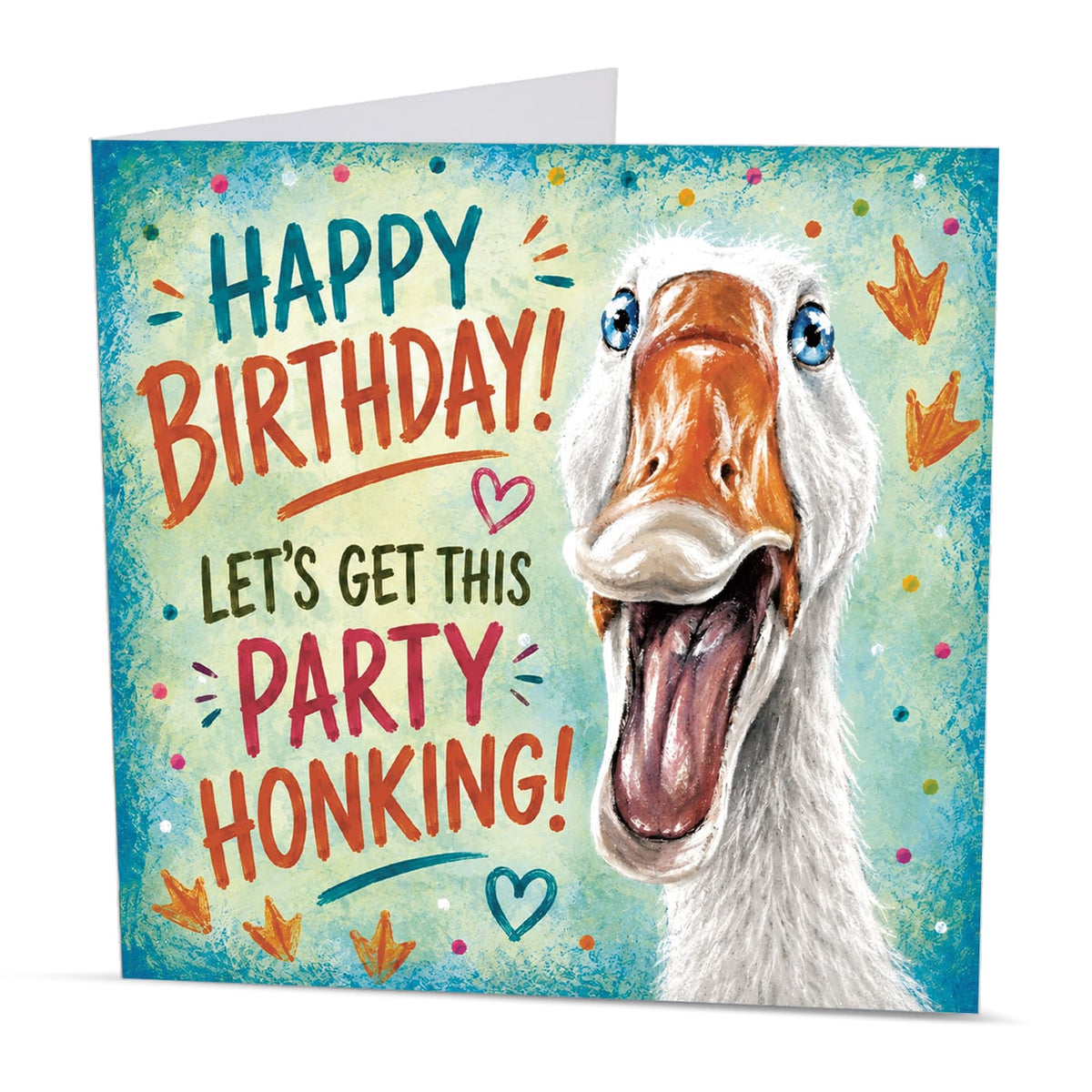 Square 15 x 15 cm funny goose birthday card featuring original farm animal artwork by Irisha, printed on premium 350 gsm textured cardstock.