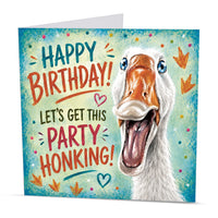 Square 15 x 15 cm funny goose birthday card featuring original farm animal artwork by Irisha, printed on premium 350 gsm textured cardstock.