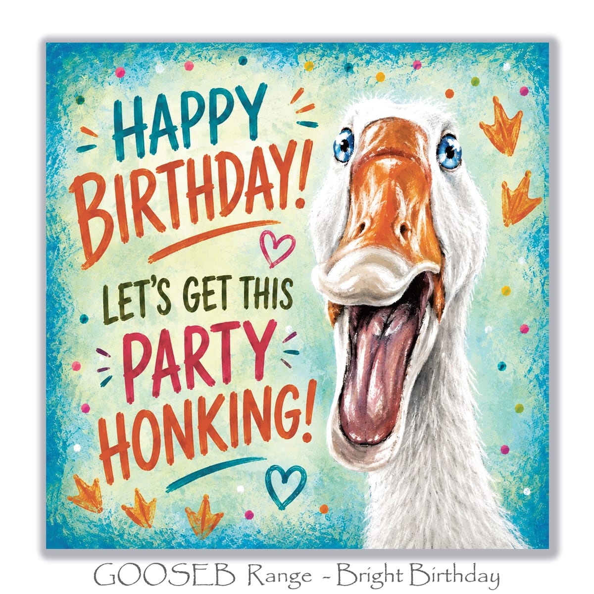 Humorous goose birthday greeting card with a comical white goose, colourful birthday lettering, turquoise background, confetti and orange footprints.