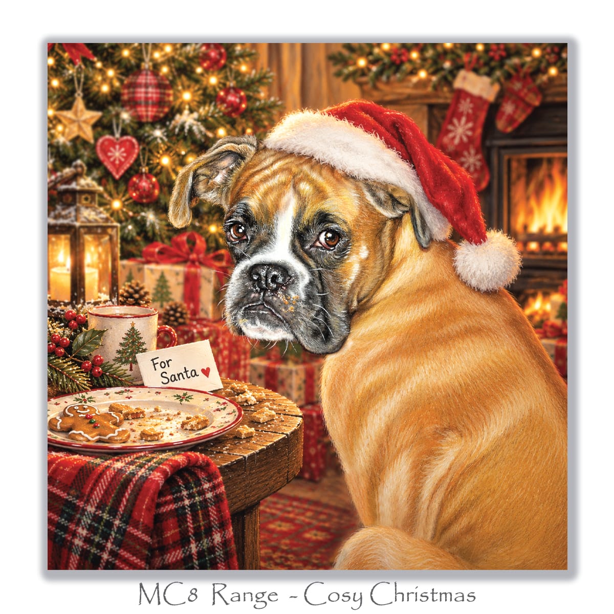Funny Christmas card for Boxer lovers showing a guilty-looking dog next to a plate of half-eaten Christmas biscuits