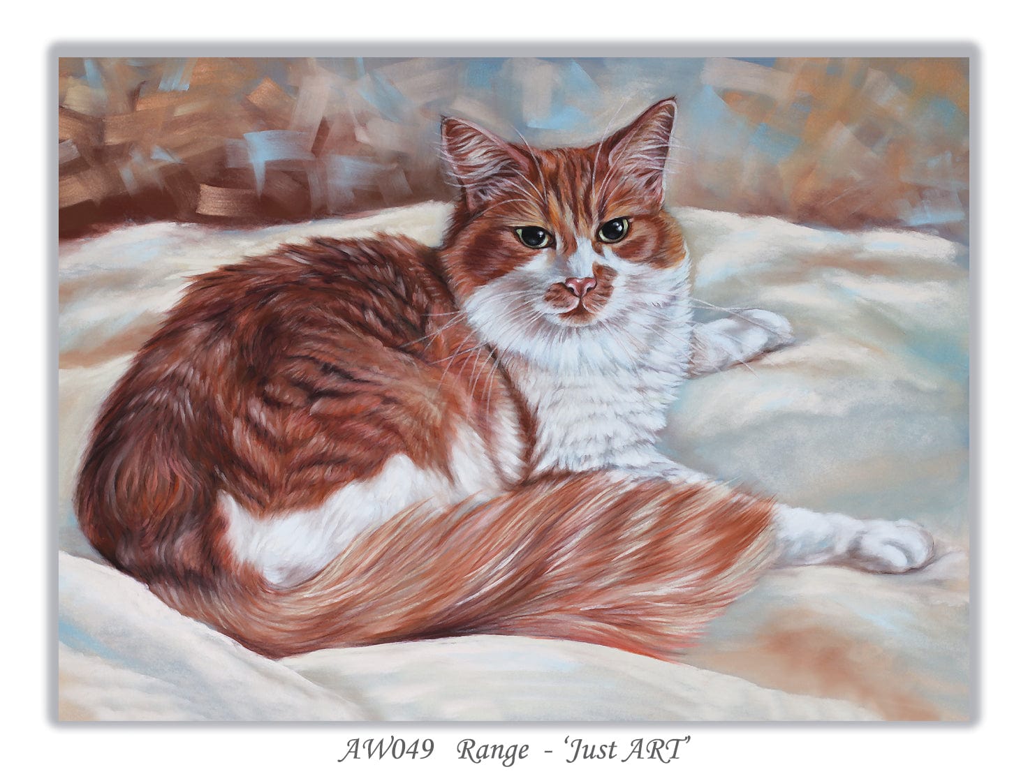 Ginger and white fluffy cat greeting card featuring a classic fine art portrait of a cat resting on a soft bed, created from original artwork by Irisha.