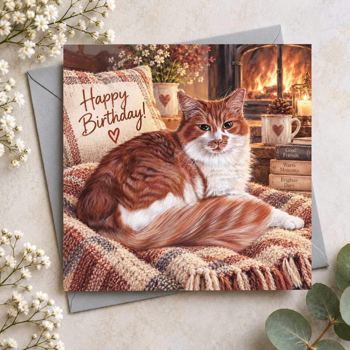 Ginger cat birthday card featuring a beautiful fluffy ginger and white cat resting beside a glowing fireplace with Happy Birthday lettering.