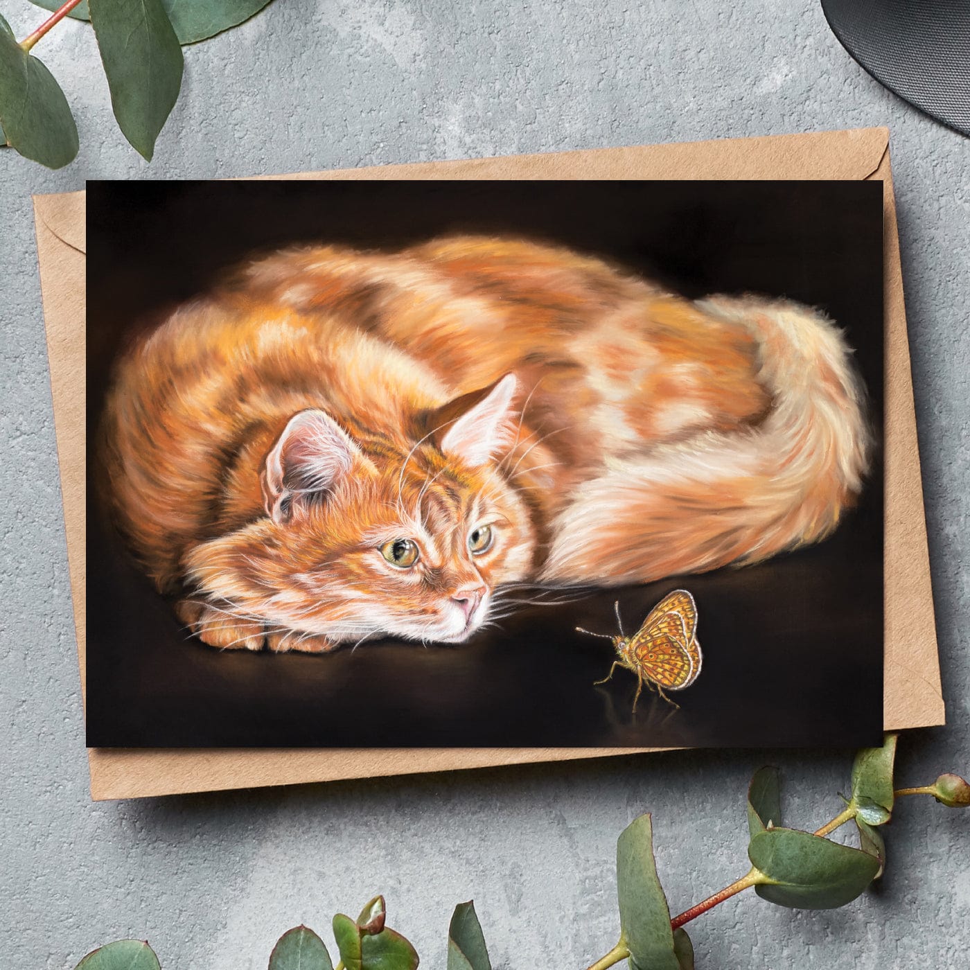 ginger cat and butterfly fine art greeting card