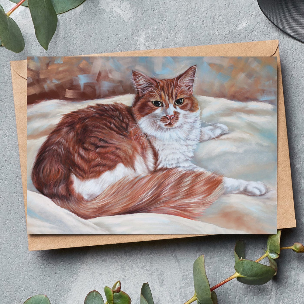 Unique cat lover card showing a ginger and white fluffy cat in a timeless portrait style, printed on high-quality Invercote paper.