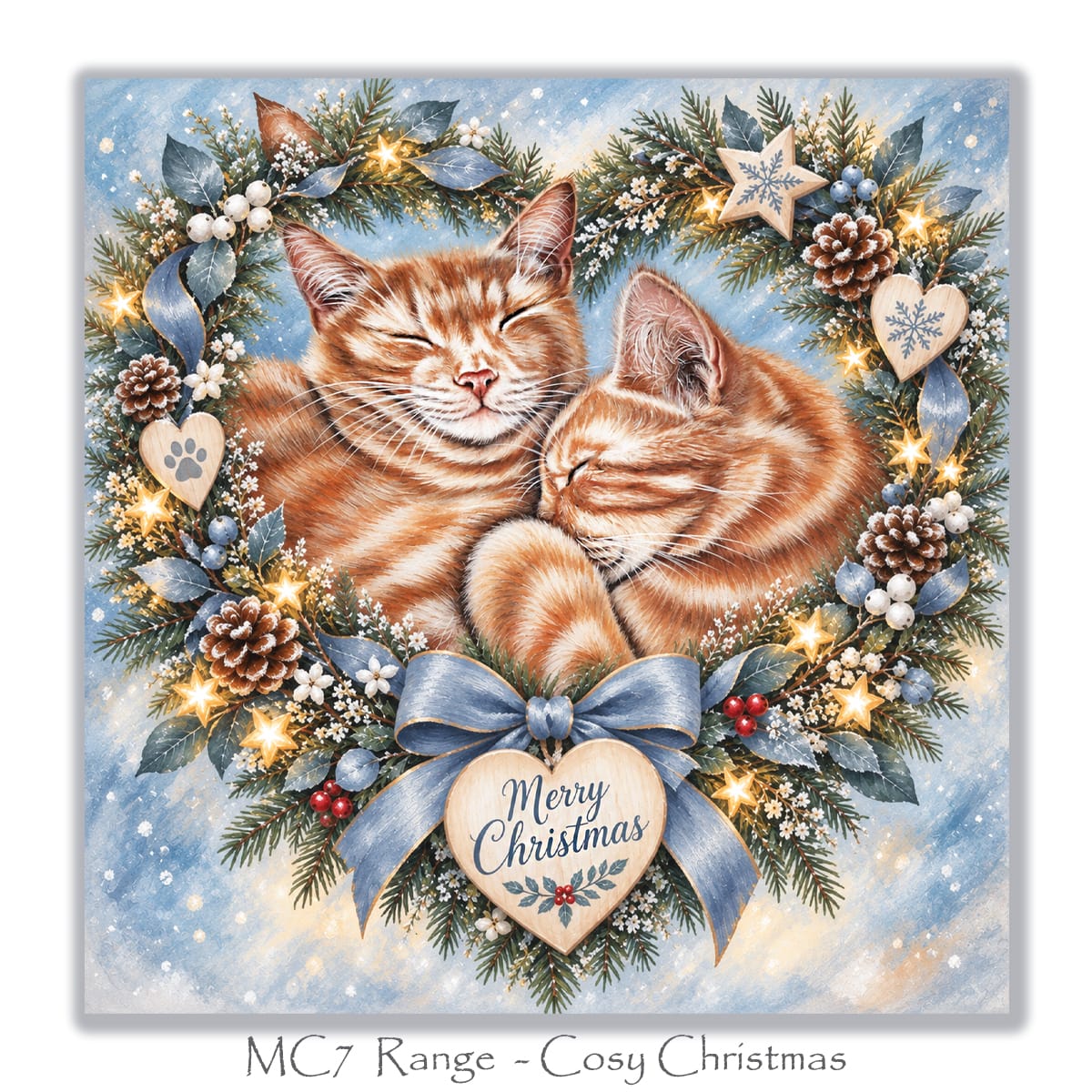 Christmas card for cat lovers with two sleeping ginger kittens surrounded by Christmas greenery and blue ribbons