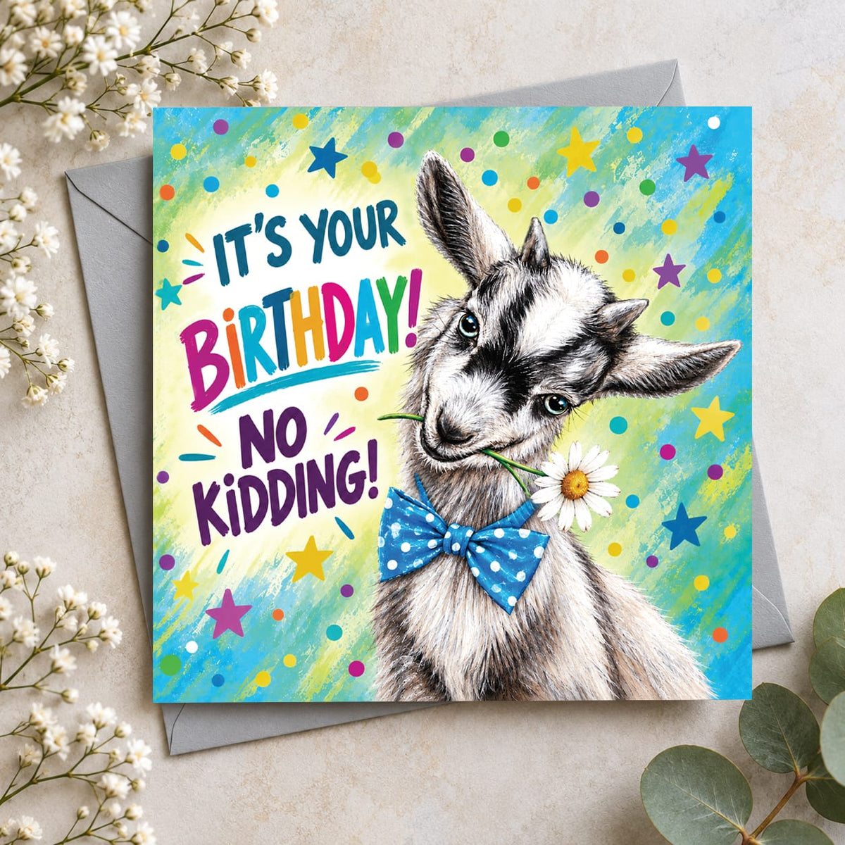 Square 15 x 15 cm goat birthday card featuring original animal artwork by Irisha, printed on premium 350 gsm textured cardstock.