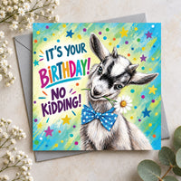 Square 15 x 15 cm goat birthday card featuring original animal artwork by Irisha, printed on premium 350 gsm textured cardstock.