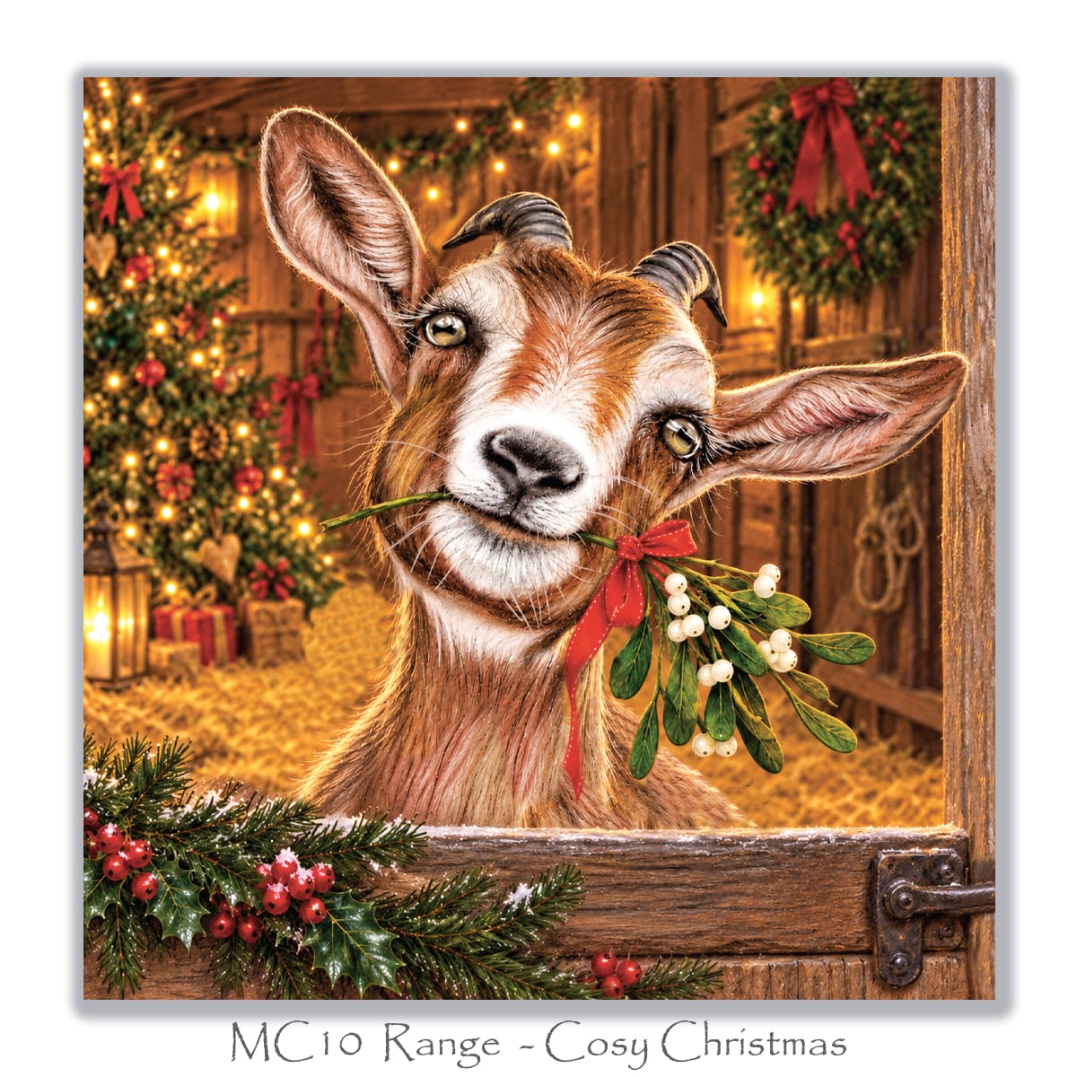 Christmas card for goat lovers showing a playful goat in a festive stable decorated with Christmas lights and greenery