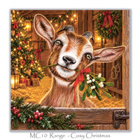Christmas card for goat lovers showing a playful goat in a festive stable decorated with Christmas lights and greenery
