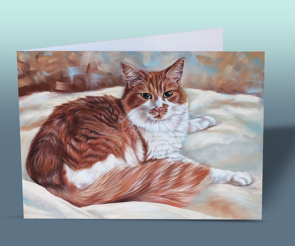 Elegant fine art cat greeting card with a ginger and white cat lying comfortably, part of the Fine Art Greeting Card Collection by Irisha.