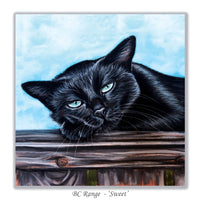 Painting of a black cat with blue eyes on a wooden fence against a blue sky.
