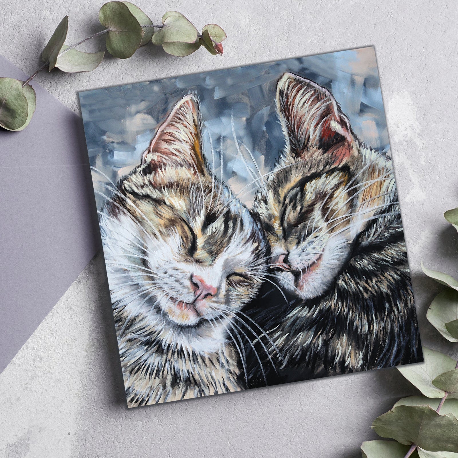 Cat greeting card with snuggling tabby cats – ideal for animal lovers