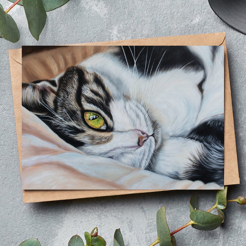 grey and white cat fine art greeting card