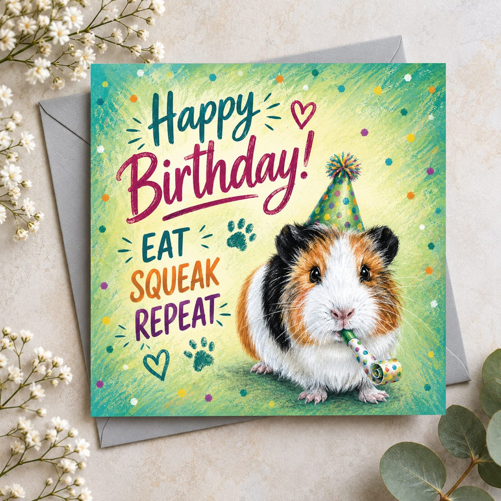 Funny guinea pig birthday card featuring a cute tricolour guinea pig wearing a party hat with Happy Birthday Eat Squeak Repeat message.