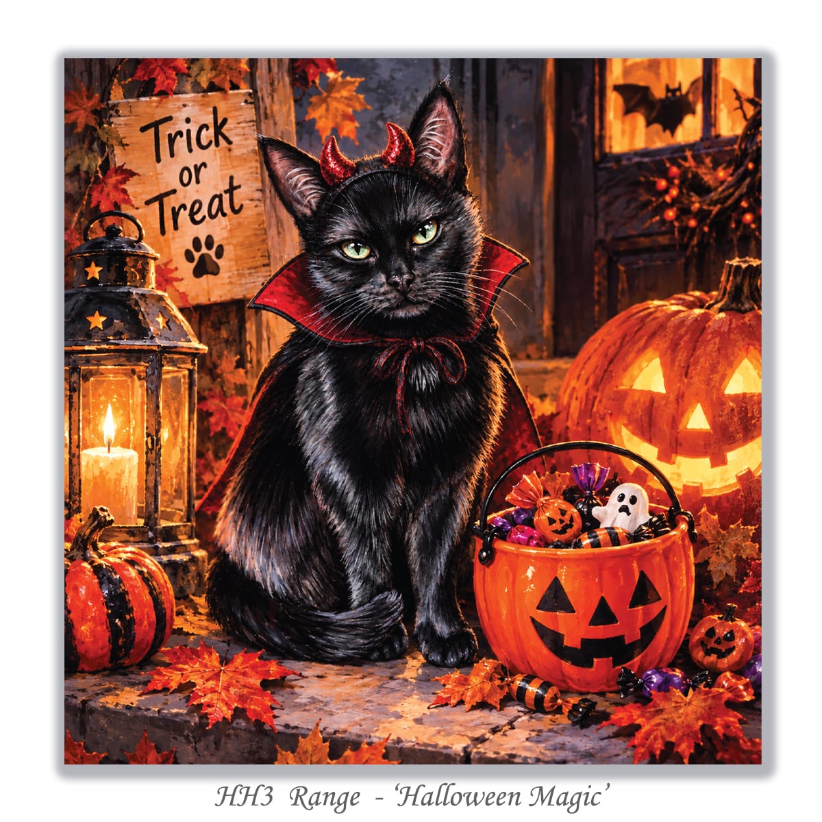 Trick or Treat greeting card for cat lovers with black cat, lantern and Halloween pumpkins