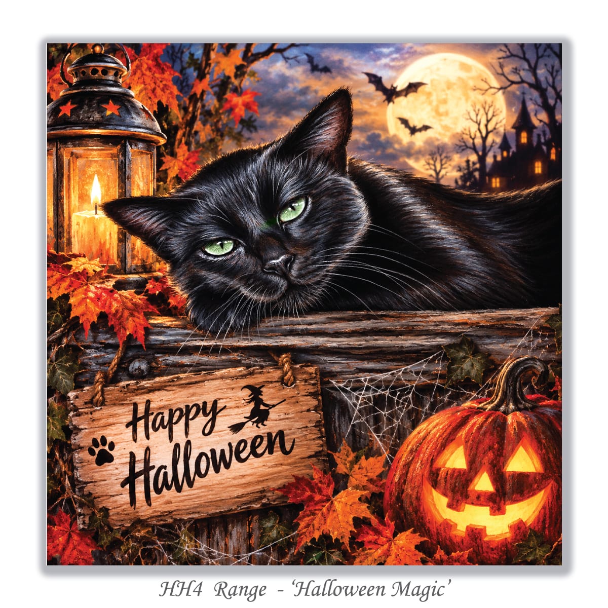 Halloween cat greeting card featuring a black cat in vampire cape surrounded by pumpkins