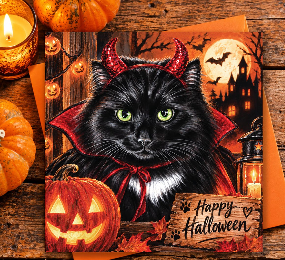Black cat Halloween card featuring a vampire cat with red cape, devil horns and glowing pumpkins