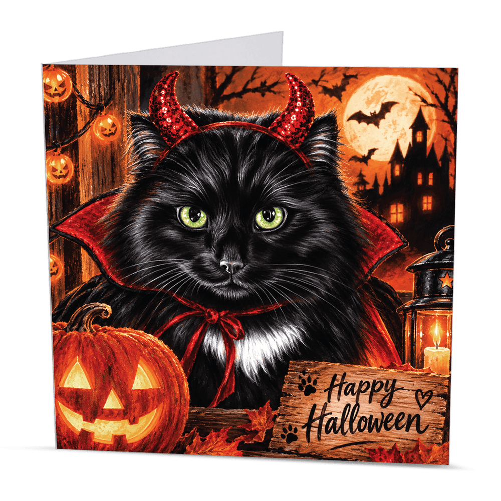 Happy Halloween greeting card with black cat, full moon, pumpkins and spooky haunted house
