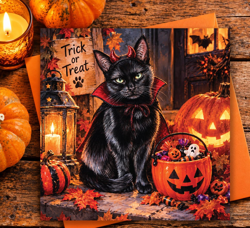 Black cat Trick or Treat Halloween card with glowing pumpkin and autumn leaves