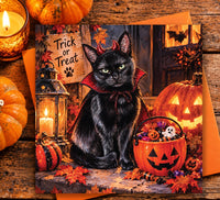 Black cat Trick or Treat Halloween card with glowing pumpkin and autumn leaves
