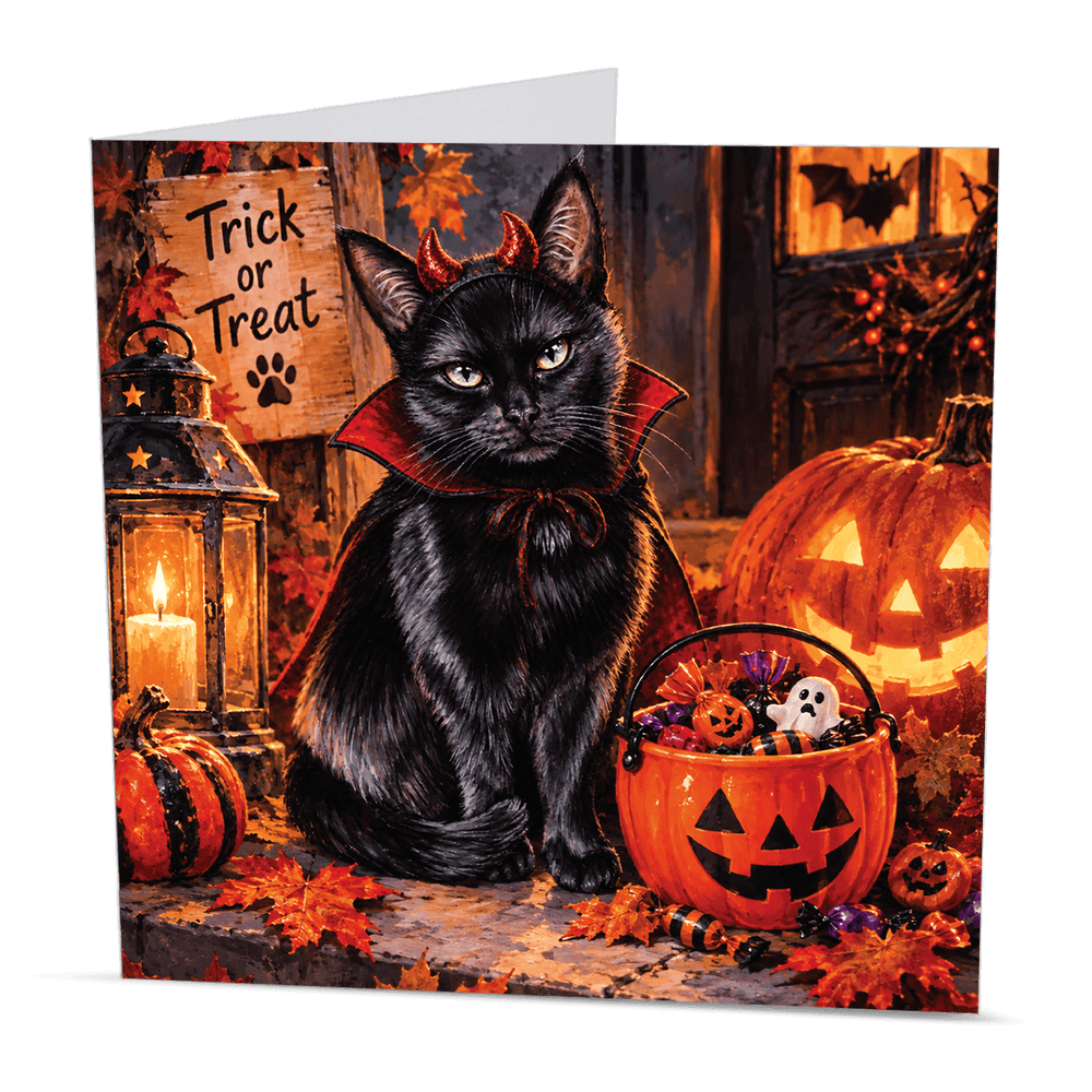 Halloween cat card featuring a black cat in vampire cape beside a pumpkin bucket of sweets